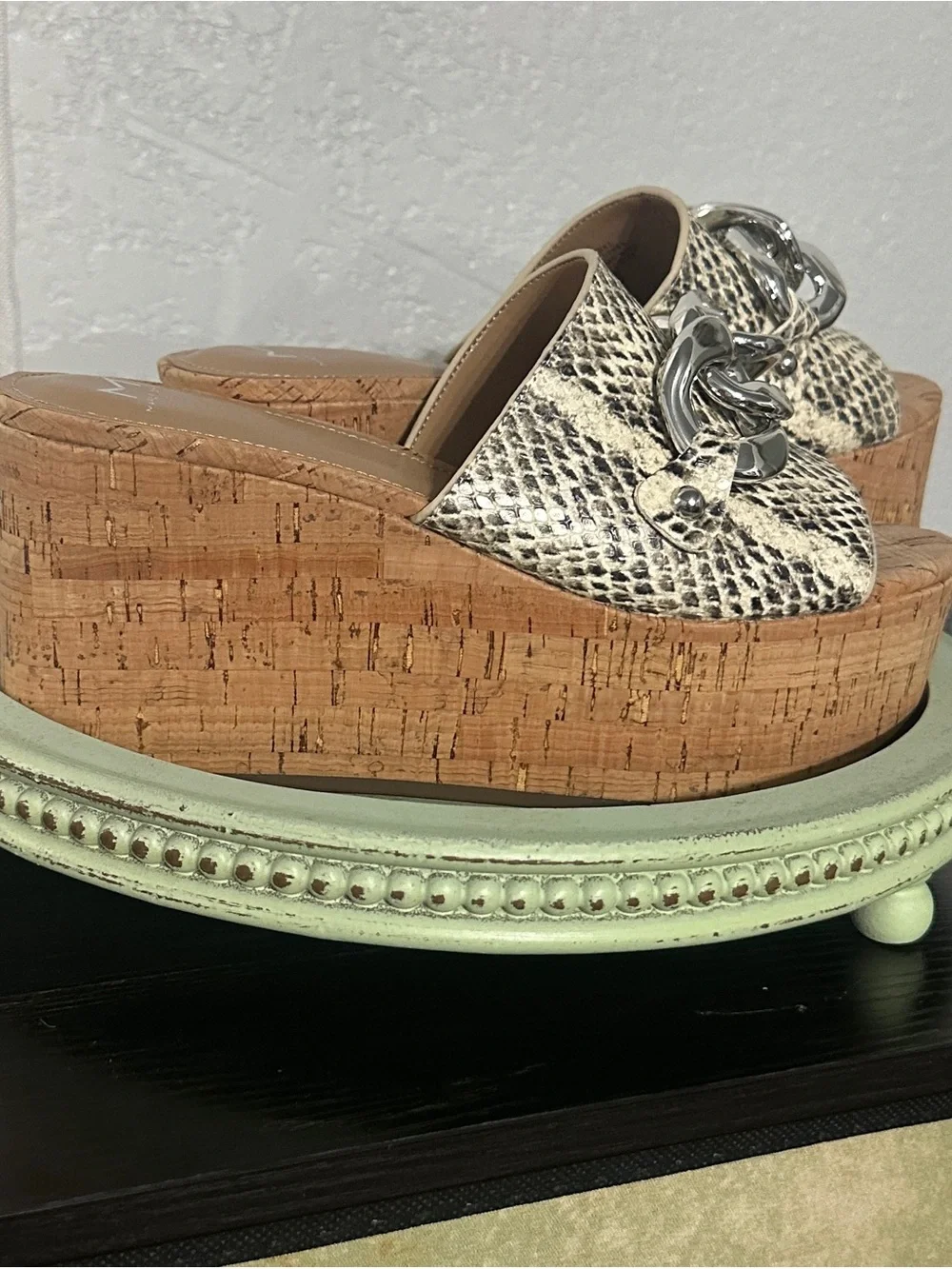 Marc Fisher Womens Snake-Print Cork Platform Slide with Silver Chain “Vaneda”